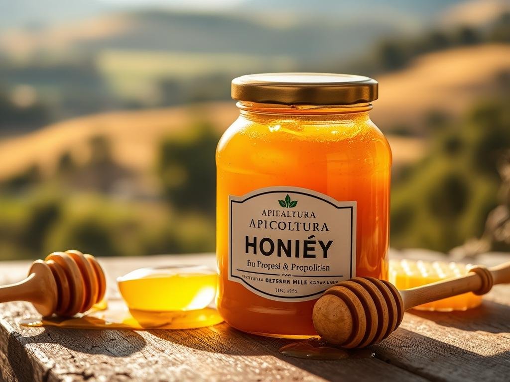 a glass jar filled with golden honey and propolis, with a wooden honey dipper and a honeycomb on a rustic wooden table. The lighting is warm and natural, with soft shadows casting across the scene. In the background, there is a blurred image of an Italian countryside landscape, with rolling hills and trees. The overall mood is one of natural, healing remedies. The jar features the APICOLTURA BORVEI MIELE brand name.