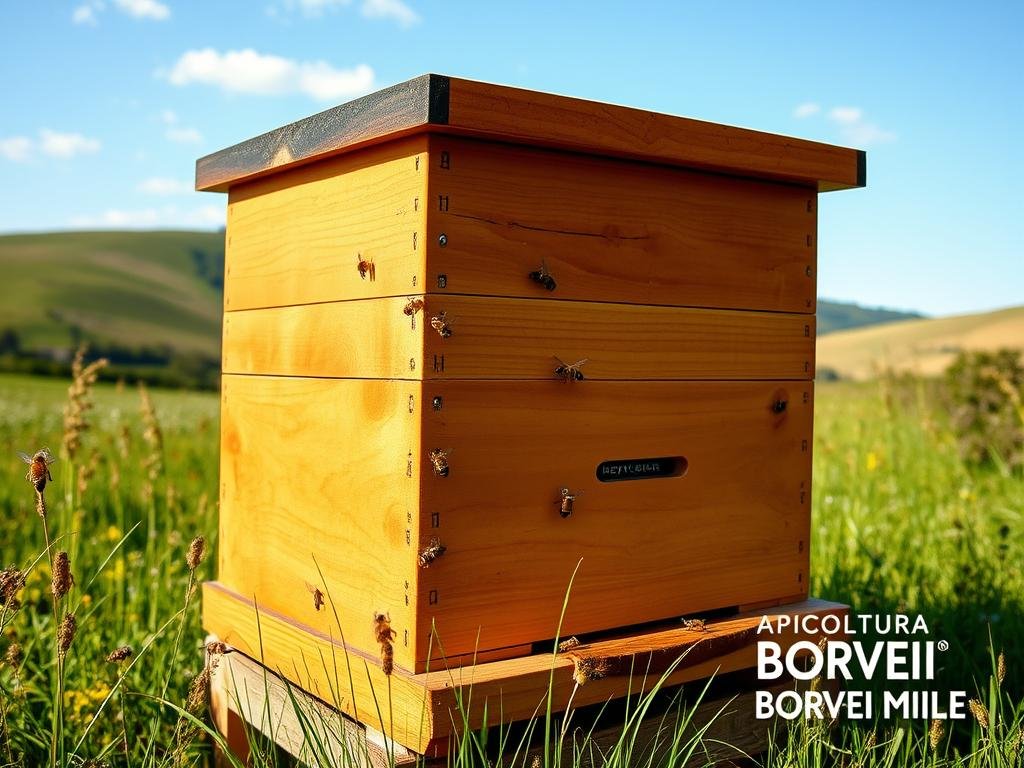 A Langstroth beehive standing proudly in a lush, sun-dappled meadow. The wooden structure is meticulously crafted, its warm tones and clean lines a testament to the ingenuity of its designer, Lorenzo Langstroth. Bees flit in and out of the hive's entrance, their industrious movements captured in a candid moment. In the background, rolling hills and a cloudless sky create a serene, pastoral atmosphere. The scene is complemented by the "APICOLTURA BORVEI MIELE" logo, a nod to the widespread adoption of this innovative hive design across Italy and the world.