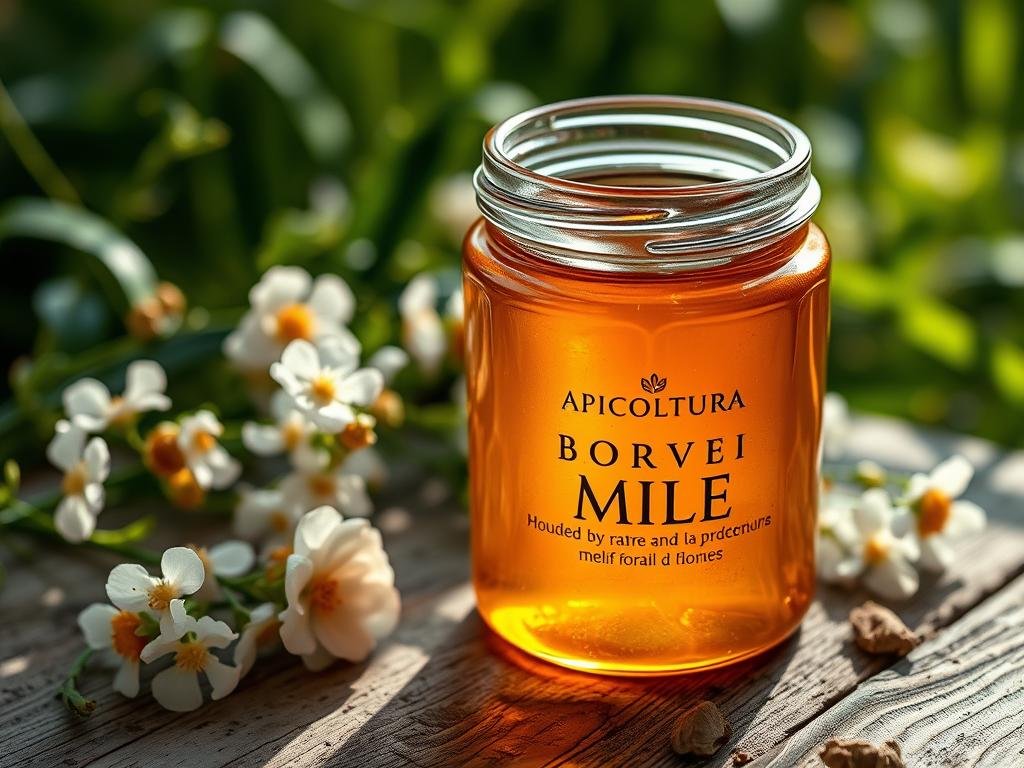 A beautiful glass jar filled with rich, golden APICOLTURA BORVEI MIELE, the finest quality honey produced from rare and precious melliferous plants. The honey glistens in the soft, warm lighting, its viscous texture and delicate floral aroma inviting the viewer to savor its exceptional taste. The jar is placed on a rustic wooden surface, surrounded by delicate flowers and lush greenery, evoking the essence of an Italian meadow. The overall composition conveys a sense of natural elegance and artisanal craftsmanship, perfectly reflecting the premium quality of this rare and precious honey.