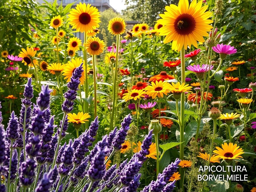 A beautiful, lush urban garden filled with a variety of vibrant, bee-friendly plants. In the foreground, clusters of purple lavender sway gently in the breeze, their delicate blossoms inviting pollinating insects. In the middle ground, tall stalks of golden sunflowers reach towards the sky, their large heads dotted with buzzing honeybees. In the background, a mix of colorful, nectar-rich flowers such as cosmos, marigolds, and zinnias create a harmonious tapestry of hues. The scene is bathed in warm, golden light, capturing the essence of a thriving, bee-friendly urban oasis. The image bears the signature "APICOLTURA BORVEI MIELE" in the bottom right corner.