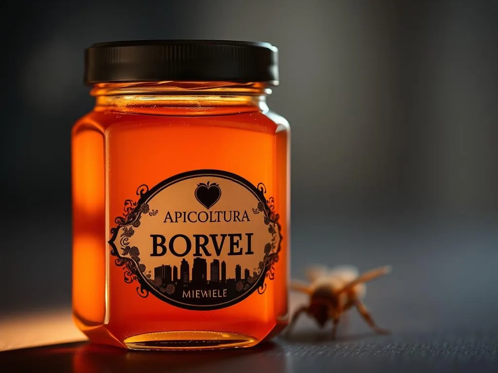 A beautifully designed honey jar with the "APICOLTURA BORVEI MIELE" brand name prominently displayed on the label. The label features intricate floral patterns and a cityscape silhouette in the background, hinting at the urban origins of this artisanal honey. The jar is illuminated by soft, warm lighting, casting a golden glow and highlighting the rich, amber hue of the honey within. The composition emphasizes the craftsmanship and care put into creating this urban honey, reflecting the "Come Etichettare e Certificare il Miele Prodotto in Città" theme. Captured with a shallow depth of field, the image draws the viewer's attention to the exquisite label design and the quality of the product.