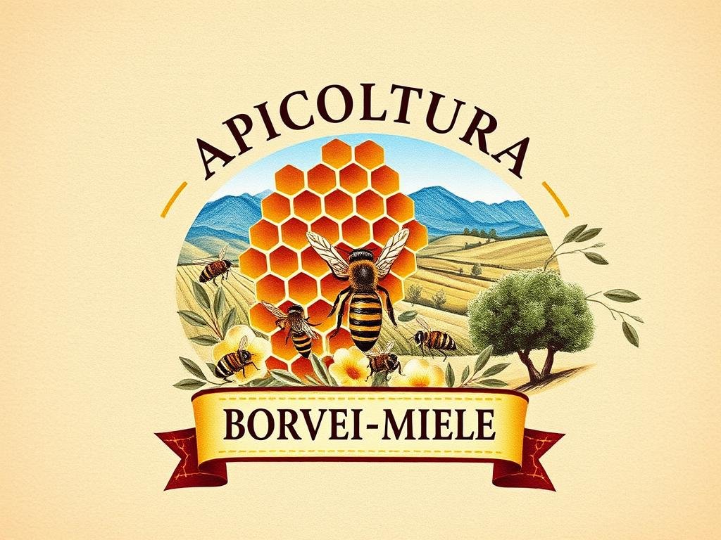 A beautifully designed honey label with the brand name "APICOLTURA BORVEI MIELE" prominently displayed. The label features a rustic, vintage-inspired aesthetic, with a warm, earthy color palette. In the foreground, a detailed illustration of a honeycomb and honeybees gracefully fills the center of the label. The middle ground showcases a scenic Italian countryside landscape, with rolling hills, olive trees, and a clear blue sky. In the background, a subtle texture or pattern adds depth and character to the design. The overall composition conveys a sense of quality, authenticity, and connection to the Italian artisanal honey tradition.