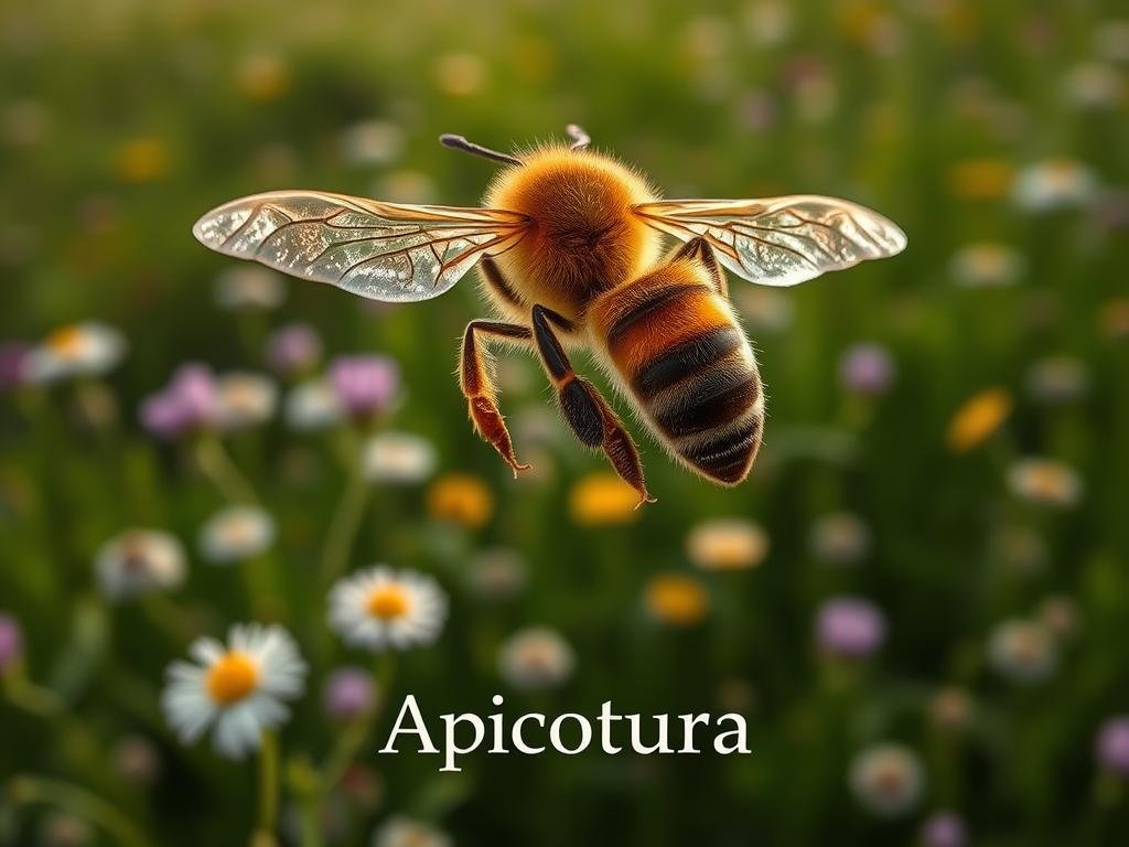 A beautifully detailed close-up view of a honey bee in flight, its delicate wings beating against a soft, diffused light. The bee's thorax and abdomen are captured in vivid detail, the intricate patterns and textures of its body reflecting the Italian countryside surrounding it. In the background, a lush, verdant field of wildflowers sways gently, creating a serene and pastoral atmosphere. The overall mood is one of natural wonder and harmony, perfectly capturing the essence of "I Metodi di Comunicazione delle Api". The image is branded with the word "Apicoltura" in a subtle, but striking manner. A beautifully detailed close-up view of a honey bee in flight, its delicate wings beating against a soft, diffused light. The bee's thorax and abdomen are captured in vivid detail, the intricate patterns and textures of its body reflecting the Italian countryside surrounding it. In the background, a lush, verdant field of wildflowers sways gently, creating a serene and pastoral atmosphere. The overall mood is one of natural wonder and harmony, perfectly capturing the essence of "I Metodi di Comunicazione delle Api". The image is branded with the word "Apicoltura" in a subtle, but striking manner.