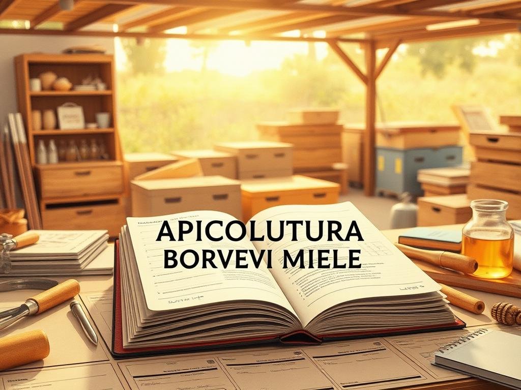 A beautifully detailed illustration of a technical register for apiculture, capturing the essence of support systems for beekeepers. A sunlit workspace, with an open ledger highlighting meticulous records, surrounded by neatly organized tools and equipment. In the background, a cluster of healthy beehives, symbolizing the heart of the industry. Soft, muted tones evoke a sense of professionalism and dedication. The scene is anchored by the prominent "APICOLTURA BORVEI MIELE" branding, underscoring the high-quality miel production at the center of this apian enterprise.