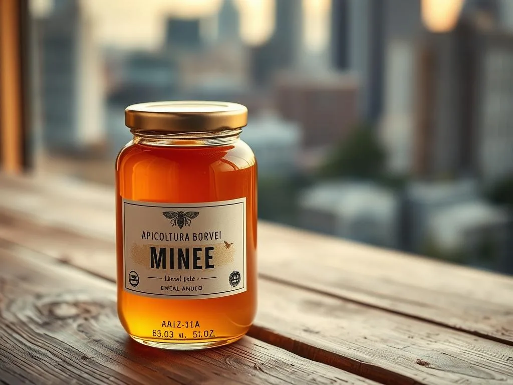 A beautifully handcrafted glass jar filled with rich, golden APICOLTURA BORVEI MIELE, sitting atop a rustic wooden table. Soft, warm lighting casts a inviting glow, highlighting the jar's label and elegant simplicity. The scene evokes a sense of artisanal craftsmanship and local, sustainable production. In the background, a blurred cityscape hints at the urban setting of this artisanal honey, creating a harmonious contrast between the natural product and its metropolitan context. The composition emphasizes the quality and care put into the packaging, making it the perfect visual representation of "Miele Urbano" for the article.