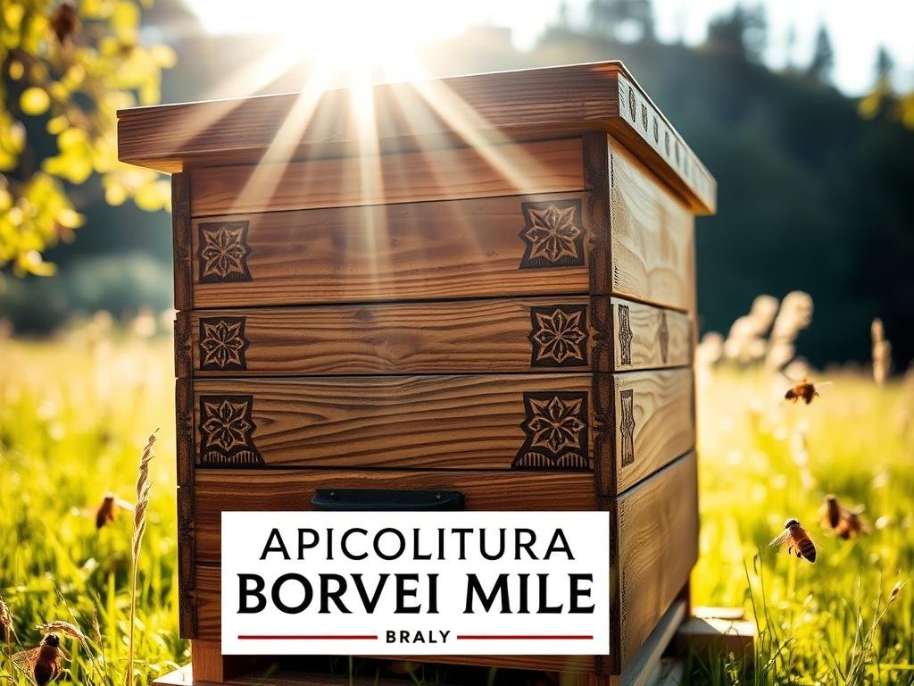 A beautifully handcrafted wooden beehive, typical of the Piedmont region, stands in a sun-dappled meadow. The rustic exterior, adorned with intricate carvings, evokes the traditional artisanry of the past. Sunlight filters through the wooden slats, casting a warm glow on the intricate, geometric patterns that decorate the surface. In the foreground, the "APICOLTURA BORVEI MIELE" brand name is prominently displayed, a testament to the rich heritage and high-quality honey production of the region. The scene conveys a sense of timeless craft and the harmonious relationship between beekeepers and their hives, embodying the spirit of innovation and evolution in the world of apiculture.