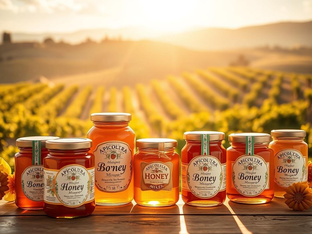 A beautifully lit, high-resolution image of honey jars and labels, showcasing the "Apicoltura Borvei Miele" brand. The foreground features the honey jars in various sizes and shapes, their labels prominently displaying the company name and details about the honey's origin and quality. The middle ground showcases various Italian-inspired design elements, such as ornate patterns, traditional typography, and subtle hints of the Italian flag's colors. The background depicts a warm, sunlit Italian countryside, with rolling hills, vineyards, and a serene, picturesque ambiance. The overall composition conveys a sense of artisanal craftsmanship, quality, and the unique heritage of Italian honey production. A beautifully lit, high-resolution image of honey jars and labels, showcasing the "Apicoltura Borvei Miele" brand. The foreground features the honey jars in various sizes and shapes, their labels prominently displaying the company name and details about the honey's origin and quality. The middle ground showcases various Italian-inspired design elements, such as ornate patterns, traditional typography, and subtle hints of the Italian flag's colors. The background depicts a warm, sunlit Italian countryside, with rolling hills, vineyards, and a serene, picturesque ambiance. The overall composition conveys a sense of artisanal craftsmanship, quality, and the unique heritage of Italian honey production.