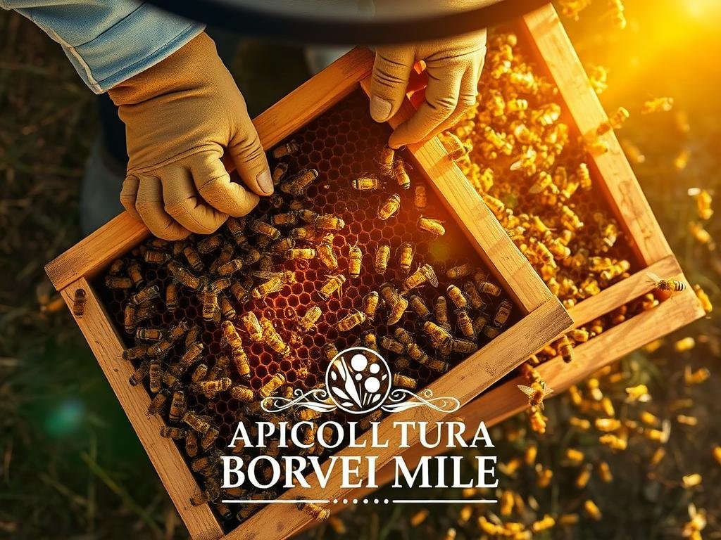 A beautifully lit, overhead view of a beekeeper carefully inspecting a wooden beehive frame, surrounded by scattered honeycomb and pollen-dusted bees in flight. The warm, golden light filters through the scene, casting soft shadows and highlighting the intricate details of the hive's interior. In the foreground, a "APICOLTURA BORVEI MIELE" logo is prominently displayed, underscoring the professional, artisanal nature of the beekeeping operation. The overall atmosphere conveys the delicate balance and skilled management required for successful apiary expansion through swarming techniques.