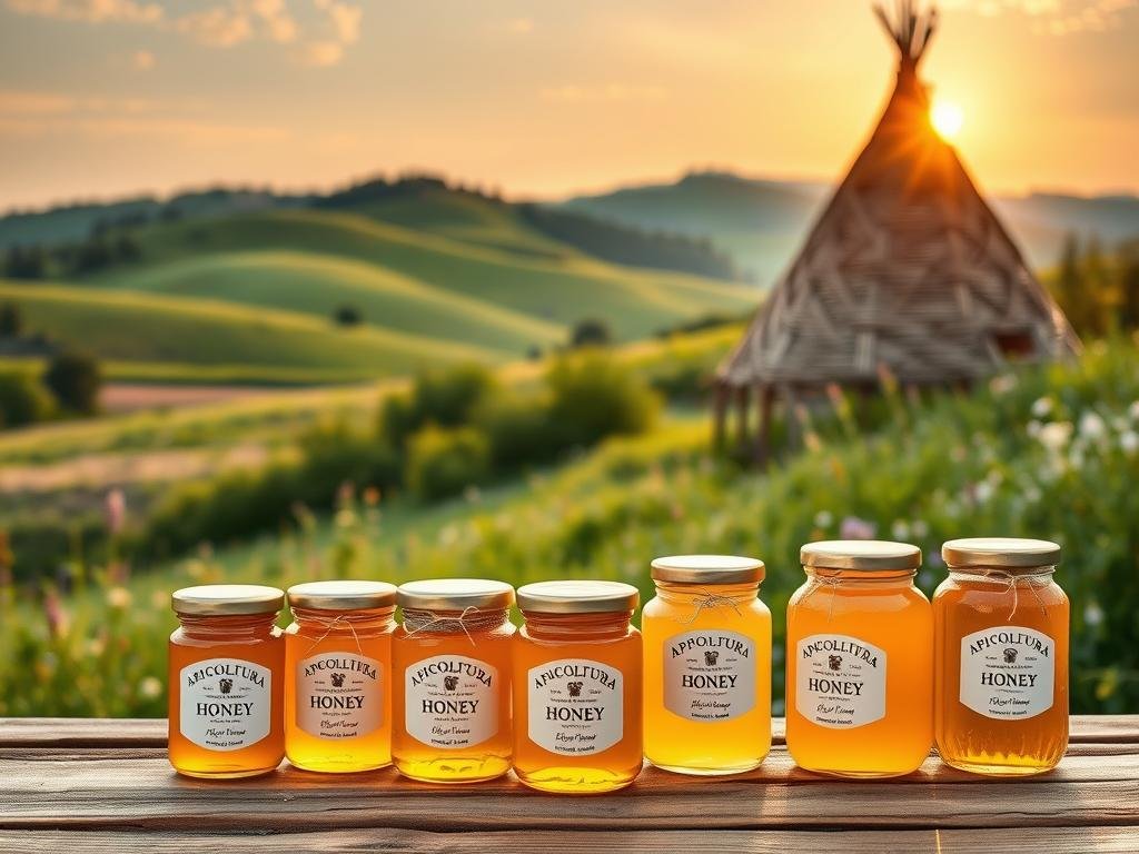 A beautifully lit shot of a variety of artisanal Italian honey jars, arranged in the foreground on a rustic wooden surface. In the middle ground, a lush, verdant landscape with rolling hills and a patchwork of wildflowers. The background features a traditional Italian tipi-style beehive, its woven structure silhouetted against a warm, golden sunset sky. The overall scene exudes a sense of natural harmony and the rich, storied tradition of Italian apiculture. The jars are prominently labeled "APICOLTURA BORVEI MIELE", showcasing the renowned local producer.