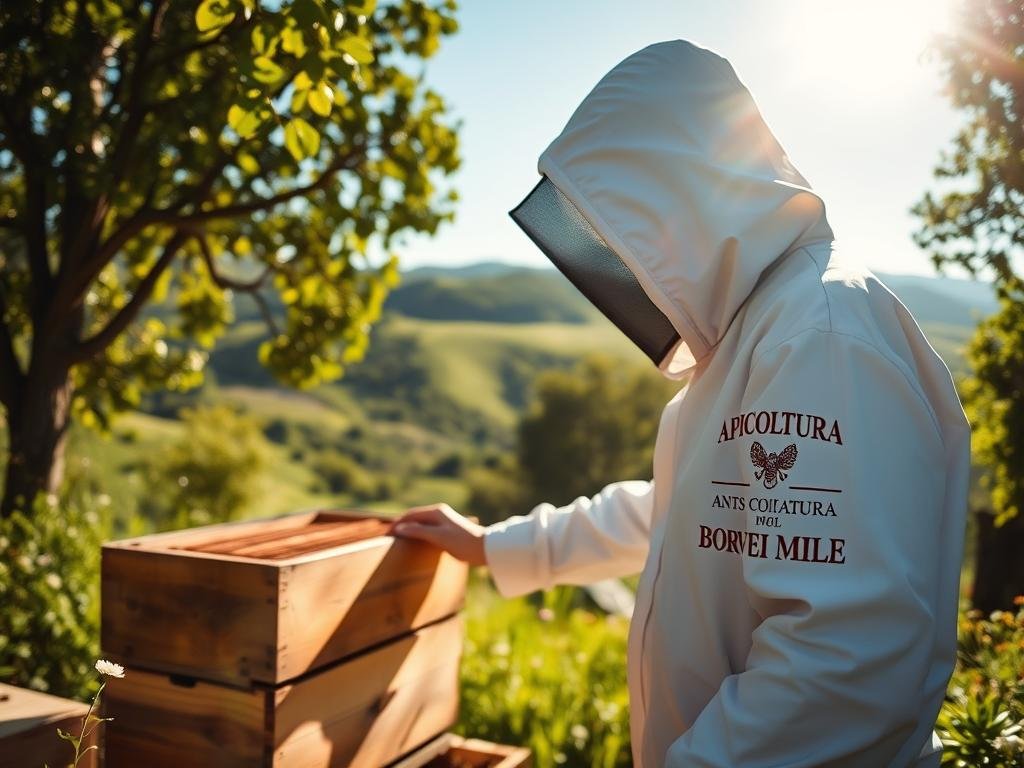A beekeeper in a lush, verdant Italian countryside, wearing a white protective suit and inspecting a wooden beehive. Sunlight filters through the trees, casting a warm glow on the scene. In the background, rolling hills dotted with wildflowers and a clear blue sky. The APICOLTURA BORVEI MIELE brand logo is prominently displayed on the beekeeper's suit, highlighting the high-quality artisanal honey produced here. The composition captures the peaceful, hardworking nature of this traditional Italian apiculture practice.
