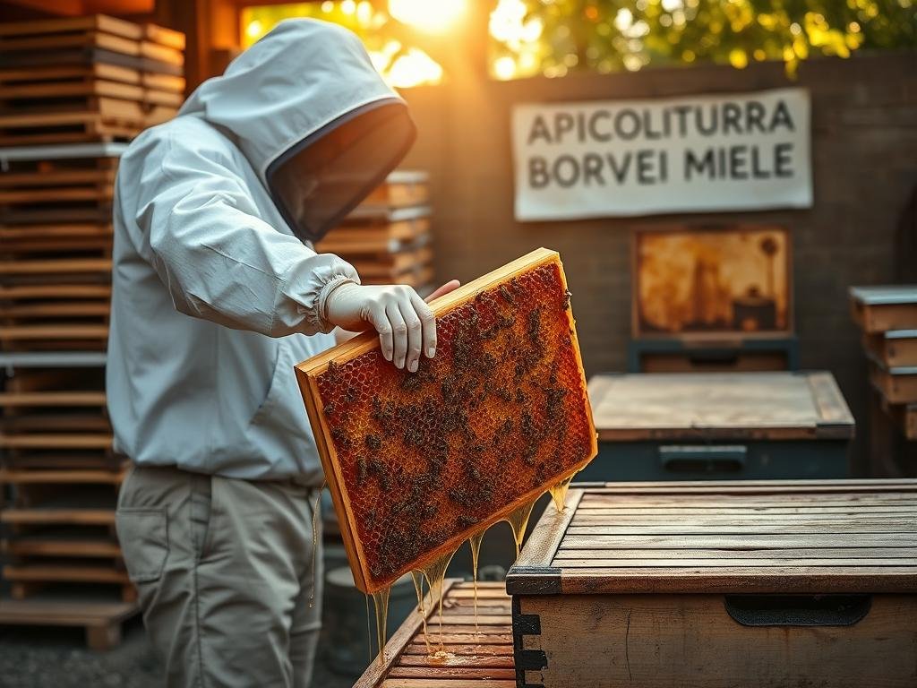 A beekeeping scene showcasing the careful removal of honeycomb frames from a traditional Italian hive. In the foreground, a beekeeper in a protective suit gently lifts a full frame, honey dripping from the comb. Behind them, rows of stacked supers and a vintage wooden extractor suggest a well-equipped apiary. Warm, golden lighting filters through an open hive, casting a soft glow over the scene. In the background, a sign reads "APICOLTURA BORVEI MIELE", signifying a reputable local producer. An atmosphere of skill, tradition, and reverence for the bees pervades the image, reflecting the "Rimozione dei Melari" process.