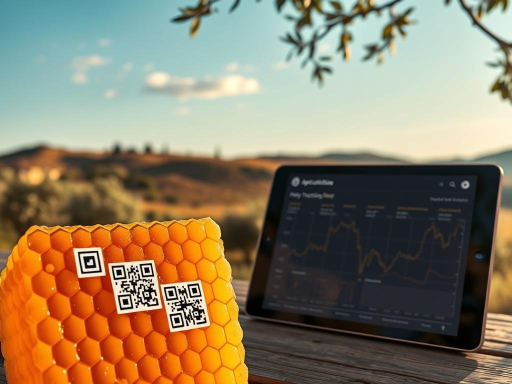 A blockchain-inspired traceability system for the artisanal production of APICOLTURA BORVEI MIELE honey. In the foreground, a honeycomb with QR codes representing each step of the supply chain, from the hive to the jar. In the middle ground, a tablet displaying a blockchain-powered tracking interface, with dynamic data visualizations. In the background, a rustic Italian countryside setting, with rolling hills, olive trees, and a cloudless blue sky. The lighting is warm and golden, conveying a sense of authenticity and craftsmanship. The overall mood is one of transparency, trust, and the seamless integration of technology with traditional honey production.