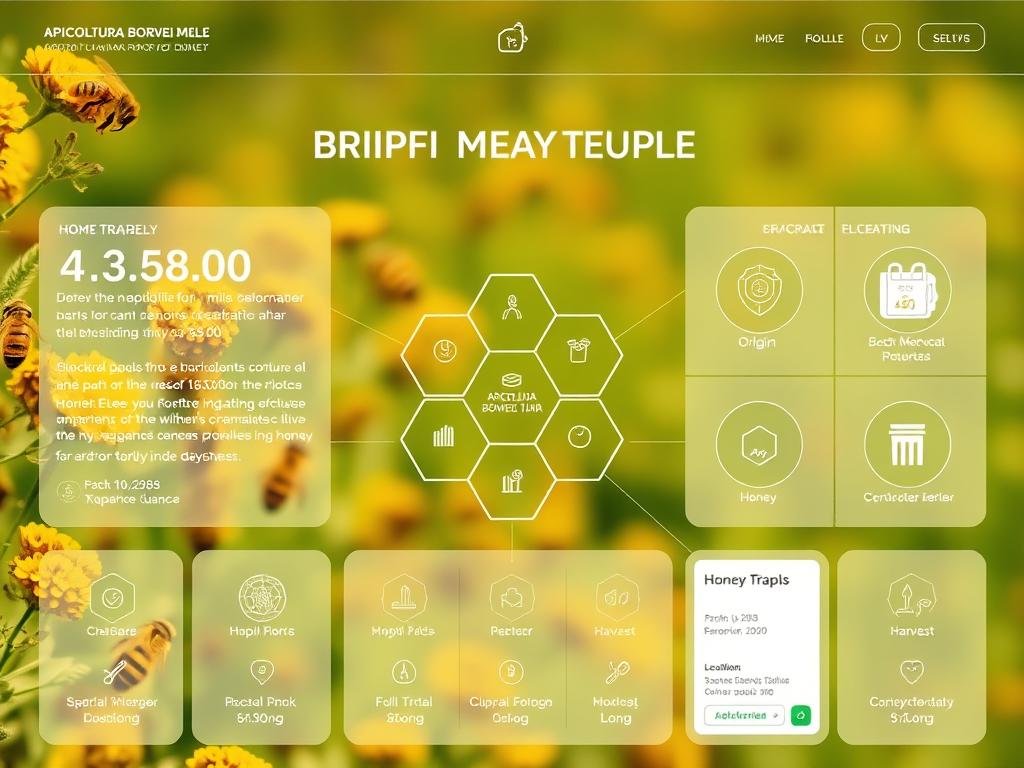 A blockchain-powered honey traceability system, showcasing the APICOLTURA BORVEI MIELE brand. A sleek, modern UI displays detailed information about the honey's origin, processing, and certification. Bees pollinate vibrant fields in the background, while a central honeycomb structure links data points across the supply chain. Streamlined icons and infographics convey key metrics like batch number, harvest date, and quality assurance. The system is designed to instill trust and transparency, with a crisp, digital aesthetic that reflects the cutting-edge technology powering this innovative traceability solution.
