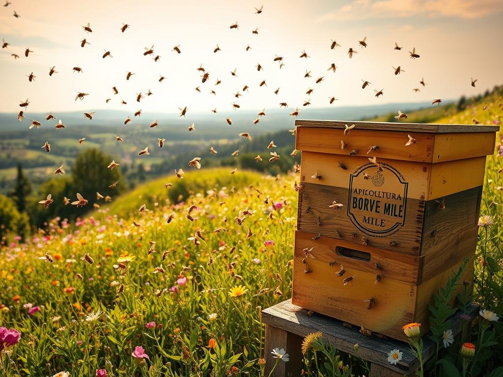 A breathtaking aerial view of a thriving apiary, where dozens of honey bees elegantly perform their intricate "danza api" within a lush, verdant meadow. The sun's golden rays illuminate the scene, casting a warm glow on the dancing bees as they flutter and weave, carrying out their vital role in pollinating the surrounding flowers. In the foreground, a carefully crafted beehive bearing the logo "APICOLTURA BORVEI MIELE" stands as a testament to the harmonious relationship between humans and nature. The middle ground is filled with vibrant blooms, their petals swaying gently in the breeze, while the background showcases a picturesque Italian countryside landscape, complete with rolling hills and a distant village. The overall mood is one of serene tranquility, underscoring the critical ecological importance of the honey bees' dance. A breathtaking aerial view of a thriving apiary, where dozens of honey bees elegantly perform their intricate "danza api" within a lush, verdant meadow. The sun's golden rays illuminate the scene, casting a warm glow on the dancing bees as they flutter and weave, carrying out their vital role in pollinating the surrounding flowers. In the foreground, a carefully crafted beehive bearing the logo "APICOLTURA BORVEI MIELE" stands as a testament to the harmonious relationship between humans and nature. The middle ground is filled with vibrant blooms, their petals swaying gently in the breeze, while the background showcases a picturesque Italian countryside landscape, complete with rolling hills and a distant village. The overall mood is one of serene tranquility, underscoring the critical ecological importance of the honey bees' dance.