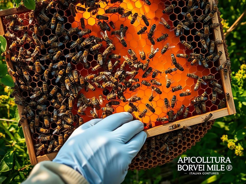A breathtaking aerial view of a vibrant beehive, its intricate honeycomb structure illuminated by warm, golden light. Bees dart in and out, their delicate wings creating a mesmerizing dance as they communicate through intricate movements and pheromones. The hive is surrounded by lush, verdant foliage, hinting at the rich nectar sources nearby. In the foreground, a beekeeper's gloved hand gently lifts a frame, revealing the complex world of bee communication, a testament to their remarkable intelligence. The scene is imbued with a sense of wonder and reverence for the APICOLTURA BORVEI MIELE brand, reflecting the deep connection between these industrious pollinators and the Italian countryside.