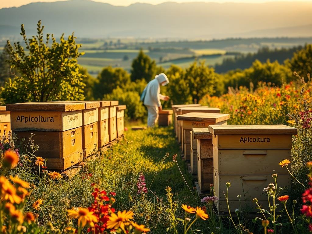 A breathtaking scene of an Italian "Apicoltura" - a lush, verdant apiary surrounded by vibrant wildflowers, bathed in warm, golden sunlight. In the foreground, a row of traditional, rustic beehives adorned with the Apicoltura brand, their intricate patterns casting soft shadows on the ground. In the middle ground, a beekeeper in a crisp white suit tending to the hives, their movements graceful and measured. In the distance, a serene, rolling landscape of rolling hills and distant mountains, creating a sense of tranquility and harmony. The atmosphere is one of calm productivity, highlighting the natural beauty and rhythm of this ancient practice. A breathtaking scene of an Italian "Apicoltura" - a lush, verdant apiary surrounded by vibrant wildflowers, bathed in warm, golden sunlight. In the foreground, a row of traditional, rustic beehives adorned with the Apicoltura brand, their intricate patterns casting soft shadows on the ground. In the middle ground, a beekeeper in a crisp white suit tending to the hives, their movements graceful and measured. In the distance, a serene, rolling landscape of rolling hills and distant mountains, creating a sense of tranquility and harmony. The atmosphere is one of calm productivity, highlighting the natural beauty and rhythm of this ancient practice.