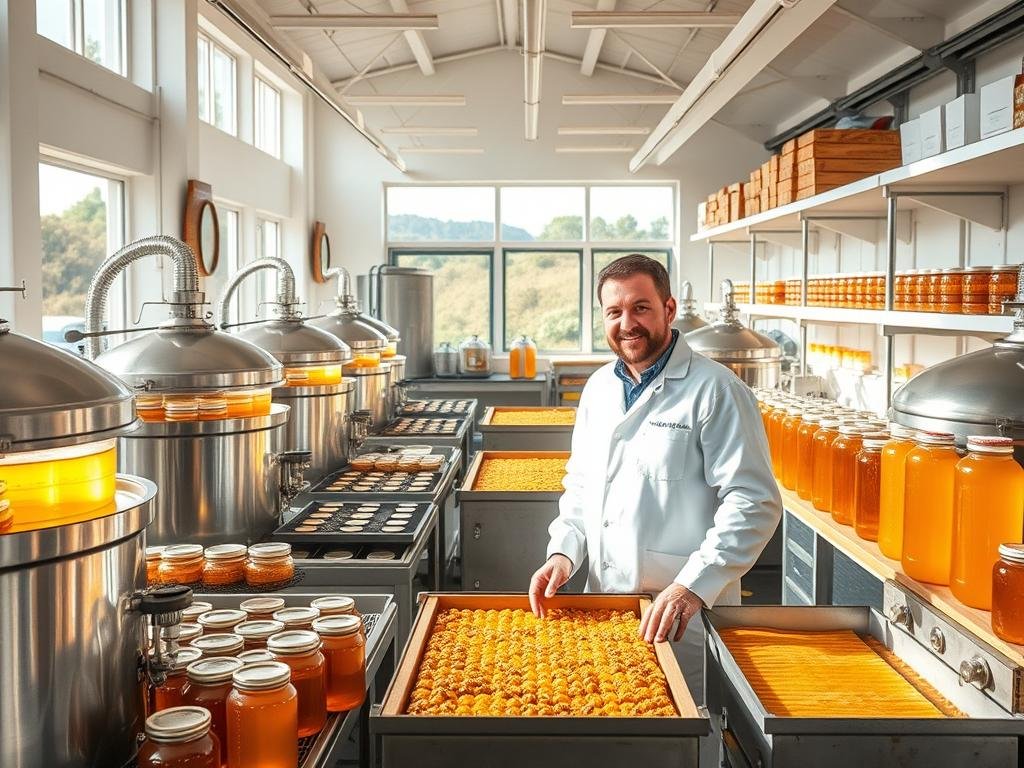 A bright, airy laboratory with an array of stainless steel equipment and beekeeping paraphernalia. Rows of gleaming extractor machines and honey-filled jars line the shelves, while a large viewing window offers a glimpse of the bustling apiary outside. Natural light floods the space, casting a warm glow over the scene. In the center, a proud beekeeper in a crisp white coat oversees the APICOLTURA BORVEI MIELE honey processing operation, carefully tending to the golden liquid as it flows from comb to container. The overall atmosphere is one of efficiency, precision, and a deep appreciation for the art of apiculture.