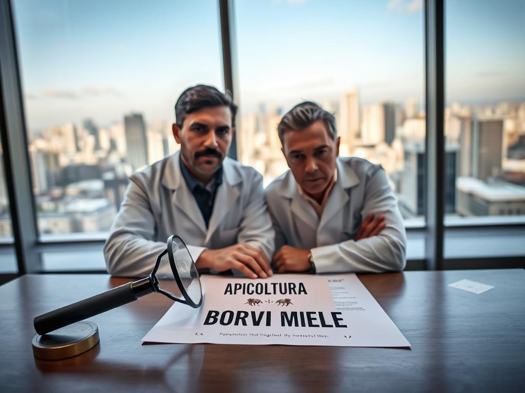 A bright and well-lit interior scene of a government office, focused on a table with an official-looking document and a magnifying glass. In the background, a large window overlooking a bustling city skyline. On the table, a label prominently features the text "APICOLTURA BORVEI MIELE". Two serious-looking inspectors in white coats are carefully examining the document, expressions conveying the gravity and importance of the regulatory control process. The overall mood is one of professionalism and diligence, reflecting the care and attention given to ensuring the safety and quality of the honey production industry.