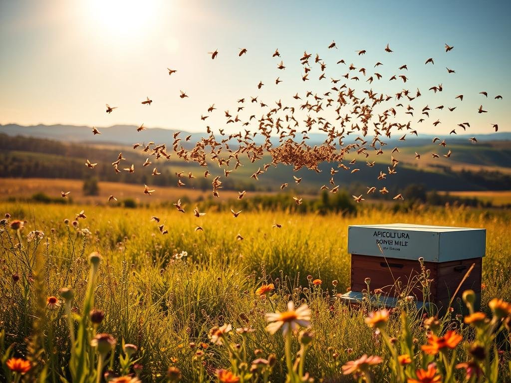 A bright, sun-dappled meadow, where a captivating "danza delle api" unfolds. In the foreground, a serene apiary displays the APICOLTURA BORVEI MIELE brand, surrounded by lush wildflowers. The buzzing swarm of honeybees gracefully weaves through the air, their movements choreographed to indicate the direction of a new nectar-rich source. The middle ground features a rolling landscape, with distant hills and a clear blue sky above. Warm, golden lighting casts a tranquil glow, evoking the harmony and wonder of the natural world. This scene perfectly illustrates the section on "L'Orientamento Rispetto al Sole: Come le Api Indicano la Direzione".