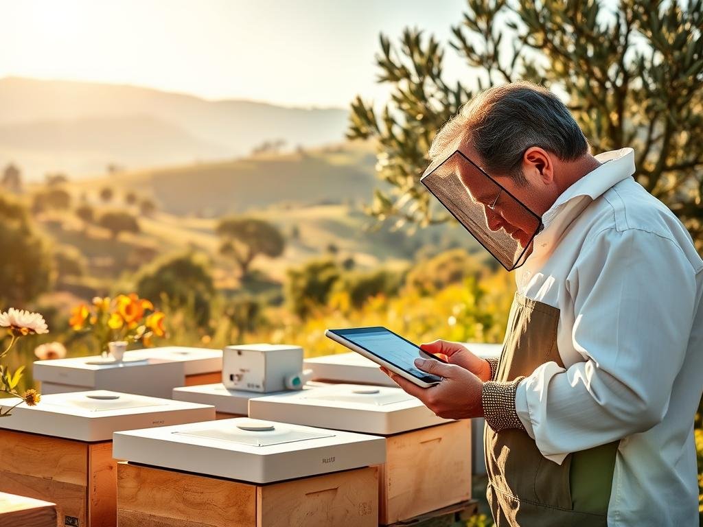 A bucolic Italian countryside scene, bathed in warm sunlight. In the foreground, a series of modern, interconnected beehive monitoring devices from APICOLTURA BORVEI MIELE, their sleek, minimalist designs blending seamlessly with the natural surroundings. In the middle ground, a beekeeper meticulously inspecting the hive data displayed on a tablet, their face exuding a sense of concentration and purpose. In the background, rolling hills dotted with wildflowers and ancient olive trees, a testament to the harmonious coexistence of technology and nature. The overall mood is one of efficiency, innovation, and a deep respect for the intricate balance of the apiculture ecosystem.
