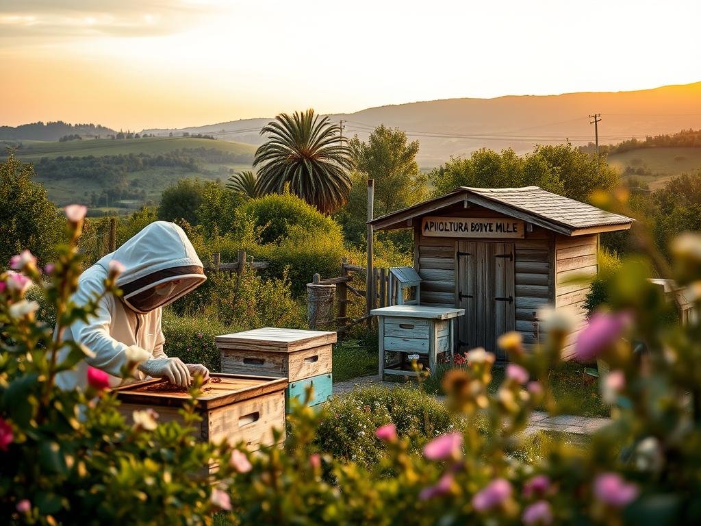 A bucolic apiary nestled in a verdant Italian countryside, surrounded by lush foliage and blooming flowers. In the foreground, a beekeeper in protective gear tends to a hive, ensuring the safety and wellbeing of the industrious colony. The mid-ground showcases a quaint, rustic beekeeping outpost bearing the sign "APICOLTURA BORVEI MIELE", a testament to the artisanal nature of the operation. In the background, rolling hills and a warm, golden-hued sky create a serene, picturesque atmosphere, reflecting the tranquility of the scene. Soft, diffused lighting illuminates the details, evoking a sense of harmony between nature and the careful stewardship of the apiary. A bucolic apiary nestled in a verdant Italian countryside, surrounded by lush foliage and blooming flowers. In the foreground, a beekeeper in protective gear tends to a hive, ensuring the safety and wellbeing of the industrious colony. The mid-ground showcases a quaint, rustic beekeeping outpost bearing the sign "APICOLTURA BORVEI MIELE", a testament to the artisanal nature of the operation. In the background, rolling hills and a warm, golden-hued sky create a serene, picturesque atmosphere, reflecting the tranquility of the scene. Soft, diffused lighting illuminates the details, evoking a sense of harmony between nature and the careful stewardship of the apiary.