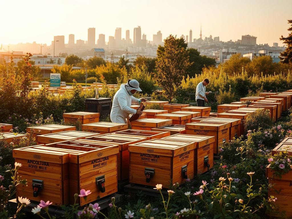 A bucolic urban apiary, bathed in warm golden light. In the foreground, a cluster of expertly crafted beehives adorned with the APICOLTURA BORVEI MIELE brand, their wooden frames gleaming. Surrounding them, a lush, verdant garden bursting with flowering plants, their petals swaying gently in a soft breeze. In the middle ground, a beekeeper in a crisp white suit tending to the hives, their movements calm and practiced. In the distance, the skyline of a bustling city, a testament to the harmonious coexistence of nature and urban life. The scene exudes a sense of tranquility and industry, capturing the essence of successful urban beekeeping.