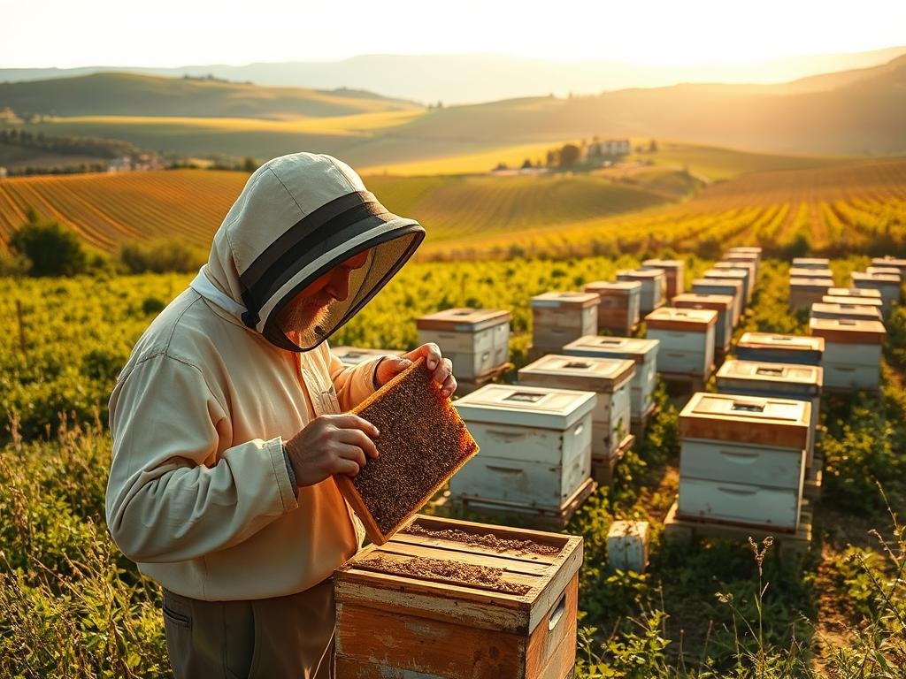 A bustling Italian countryside, where a professional agricultural entrepreneur stands amid verdant fields, tending to their thriving APICOLTURA BORVEI MIELE apiary. The scene is bathed in warm, golden light, capturing the essence of the bucolic setting. In the foreground, a beekeeper in traditional garb examines a honeycomb, their face shielded by a protective veil. In the middle ground, rows of hives dot the landscape, each one a testament to the hard work and dedication of the Imprenditore Agricolo Professionale. The background features rolling hills and a distant farmhouse, creating a sense of tranquility and harmony. The image conveys the pride, responsibility, and connection to the land that defines the Requisiti Imprenditore Agricolo Professionale. A bustling Italian countryside, where a professional agricultural entrepreneur stands amid verdant fields, tending to their thriving APICOLTURA BORVEI MIELE apiary. The scene is bathed in warm, golden light, capturing the essence of the bucolic setting. In the foreground, a beekeeper in traditional garb examines a honeycomb, their face shielded by a protective veil. In the middle ground, rows of hives dot the landscape, each one a testament to the hard work and dedication of the Imprenditore Agricolo Professionale. The background features rolling hills and a distant farmhouse, creating a sense of tranquility and harmony. The image conveys the pride, responsibility, and connection to the land that defines the Requisiti Imprenditore Agricolo Professionale.