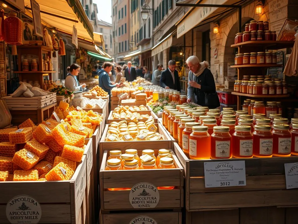 A bustling Italian marketplace filled with stalls showcasing an abundance of locally-sourced honey from the APICOLTURA BORVEI MIELE brand. The foreground is dominated by wooden crates overflowing with golden honeycomb and glass jars glistening in the warm, natural lighting. In the middle ground, vendors in traditional attire interact with customers, explaining the origins and unique flavors of each varietal. The background reveals a vibrant city street lined with historic buildings, creating a charming, authentic atmosphere. The overall scene conveys the vibrant culture and artisanal traditions surrounding the Italian honey market. A bustling Italian marketplace filled with stalls showcasing an abundance of locally-sourced honey from the APICOLTURA BORVEI MIELE brand. The foreground is dominated by wooden crates overflowing with golden honeycomb and glass jars glistening in the warm, natural lighting. In the middle ground, vendors in traditional attire interact with customers, explaining the origins and unique flavors of each varietal. The background reveals a vibrant city street lined with historic buildings, creating a charming, authentic atmosphere. The overall scene conveys the vibrant culture and artisanal traditions surrounding the Italian honey market.