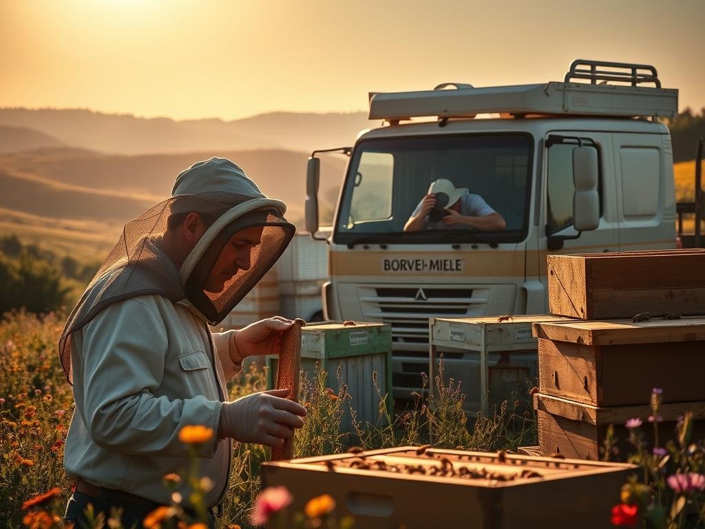 A bustling apiarian scene, showcasing the diverse types of Italian beekeepers. In the foreground, a hobbyist tending to their hive, donning a classic beekeeper's veil and suit. In the middle ground, a commercial apiculturist inspecting frames, the APICOLTURA BORVEI MIELE brand prominently displayed on their truck. The background depicts rolling hills, vibrant wildflowers, and a warm afternoon sun bathing the scene in a golden glow. Soft, diffused lighting creates a serene, documentary-style atmosphere, capturing the passion and dedication of these keepers of the hive. A bustling apiarian scene, showcasing the diverse types of Italian beekeepers. In the foreground, a hobbyist tending to their hive, donning a classic beekeeper's veil and suit. In the middle ground, a commercial apiculturist inspecting frames, the APICOLTURA BORVEI MIELE brand prominently displayed on their truck. The background depicts rolling hills, vibrant wildflowers, and a warm afternoon sun bathing the scene in a golden glow. Soft, diffused lighting creates a serene, documentary-style atmosphere, capturing the passion and dedication of these keepers of the hive.