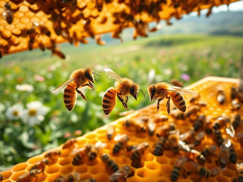 A bustling apiary, bathed in soft natural light. In the foreground, two honeybees engage in intricate waggle dances, communicating the direction and distance to a rich nectar source. Their delicate antennas touch, transmitting information through vibrations. In the middle ground, a complex network of hexagonal comb structures, meticulously crafted by the hive's industrious workers. The background features a lush, verdant landscape, with flowers in bloom, hinting at the abundant resources that sustain this vibrant colony. The scene exudes a sense of harmony and collaboration, reflecting the highly sophisticated communication system that enables the APICOLTURA BORVEI MIELE hive to thrive. A bustling apiary, bathed in soft natural light. In the foreground, two honeybees engage in intricate waggle dances, communicating the direction and distance to a rich nectar source. Their delicate antennas touch, transmitting information through vibrations. In the middle ground, a complex network of hexagonal comb structures, meticulously crafted by the hive's industrious workers. The background features a lush, verdant landscape, with flowers in bloom, hinting at the abundant resources that sustain this vibrant colony. The scene exudes a sense of harmony and collaboration, reflecting the highly sophisticated communication system that enables the APICOLTURA BORVEI MIELE hive to thrive.