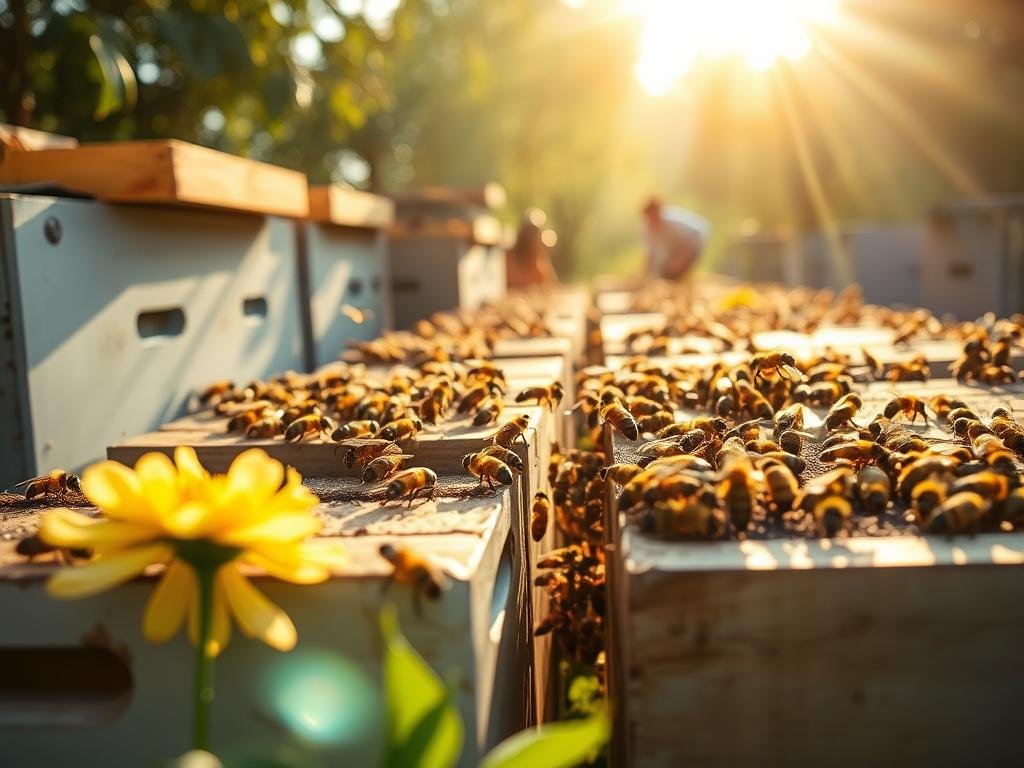 A bustling apiary comes to life, with diligent worker bees tending to the APICOLTURA BORVEI MIELE hives. Sunlight casts a warm glow, illuminating the intricate dance of the bottinatrici, or foraging bees, as they dart between vibrant blooms, collecting the nectar that will become the golden elixir of honey. The scene captures the essence of the hive's vital role in the grand cycle of honey production, a harmonious symphony of nature's abundance. A bustling apiary comes to life, with diligent worker bees tending to the APICOLTURA BORVEI MIELE hives. Sunlight casts a warm glow, illuminating the intricate dance of the bottinatrici, or foraging bees, as they dart between vibrant blooms, collecting the nectar that will become the golden elixir of honey. The scene captures the essence of the hive's vital role in the grand cycle of honey production, a harmonious symphony of nature's abundance.
