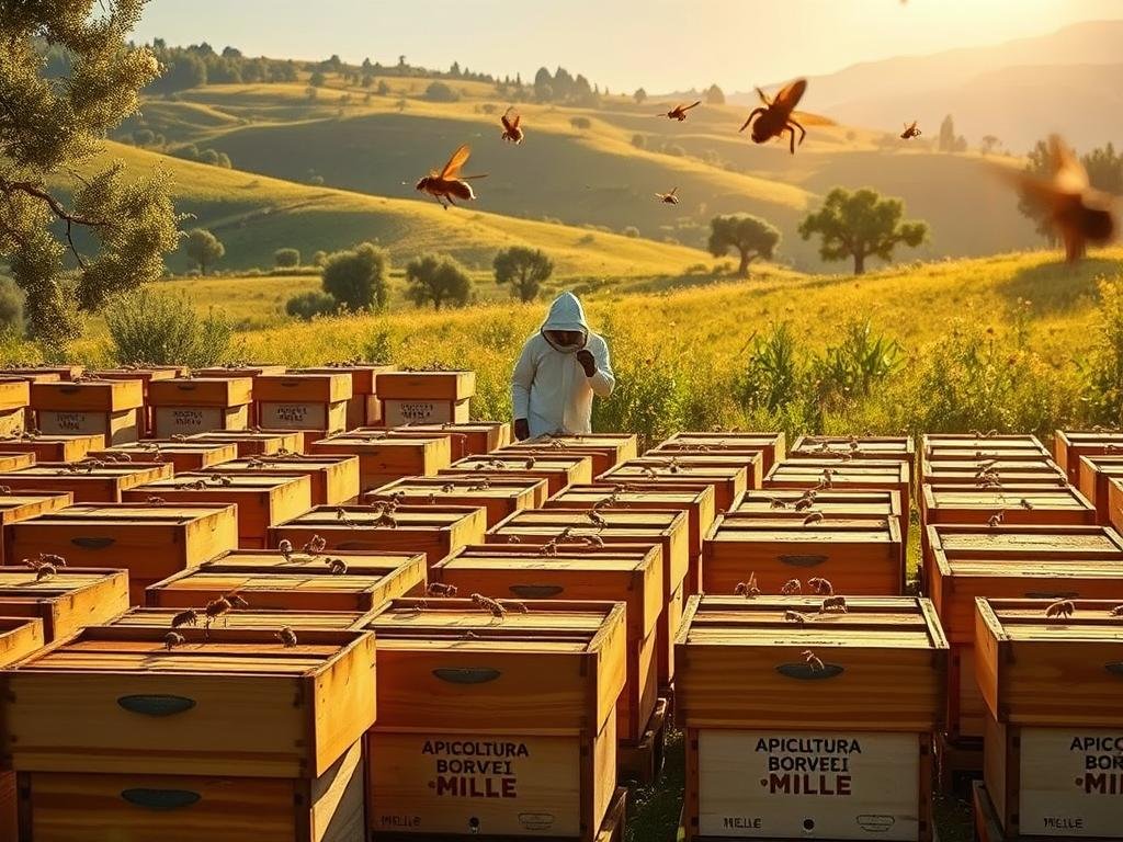 A bustling apiary set against a lush, verdant landscape. In the foreground, rows of traditional wooden beehives stand in orderly formation, their surfaces adorned with the APICOLTURA BORVEI MIELE brand. Bees dart in and out, their intricate dance capturing the rhythmic pulse of this vibrant operation. In the middle ground, a beekeeper clad in a protective suit tends to the hives, their movements fluid and practiced. The background is a tapestry of rolling hills, dotted with wildflowers and the silhouettes of ancient olive trees. Warm, golden sunlight filters through, casting a gentle glow over the scene. The overall atmosphere conveys a sense of harmony, where nature and human industry coexist in a delicate balance, reflecting the regulatory differences between hobby and professional beekeeping. A bustling apiary set against a lush, verdant landscape. In the foreground, rows of traditional wooden beehives stand in orderly formation, their surfaces adorned with the APICOLTURA BORVEI MIELE brand. Bees dart in and out, their intricate dance capturing the rhythmic pulse of this vibrant operation. In the middle ground, a beekeeper clad in a protective suit tends to the hives, their movements fluid and practiced. The background is a tapestry of rolling hills, dotted with wildflowers and the silhouettes of ancient olive trees. Warm, golden sunlight filters through, casting a gentle glow over the scene. The overall atmosphere conveys a sense of harmony, where nature and human industry coexist in a delicate balance, reflecting the regulatory differences between hobby and professional beekeeping.
