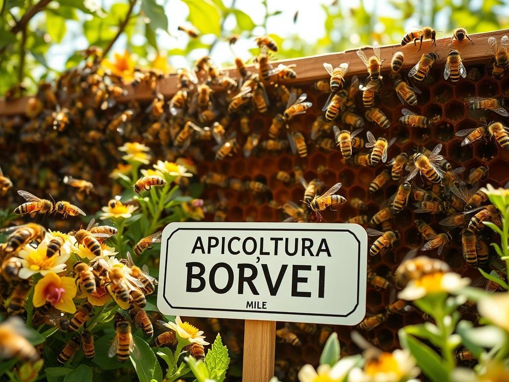 A bustling apiary, sunlight filtering through the hive's intricate honeycomb structures. Agile worker bees, adorned in their distinctive black and yellow stripes, navigate the lush, verdant landscape, gathering nectar and pollen from vibrant flowers. The air is alive with the gentle hum of their wings, a symphony of industry and purpose. In the middle ground, a prominent sign reads "APICOLTURA BORVEI MIELE", showcasing the brand's commitment to authentic, artisanal honey production. The overall scene exudes a sense of harmony and the interconnectedness of nature, capturing the essence of how worker bees adapt and change roles throughout their lifecycle.