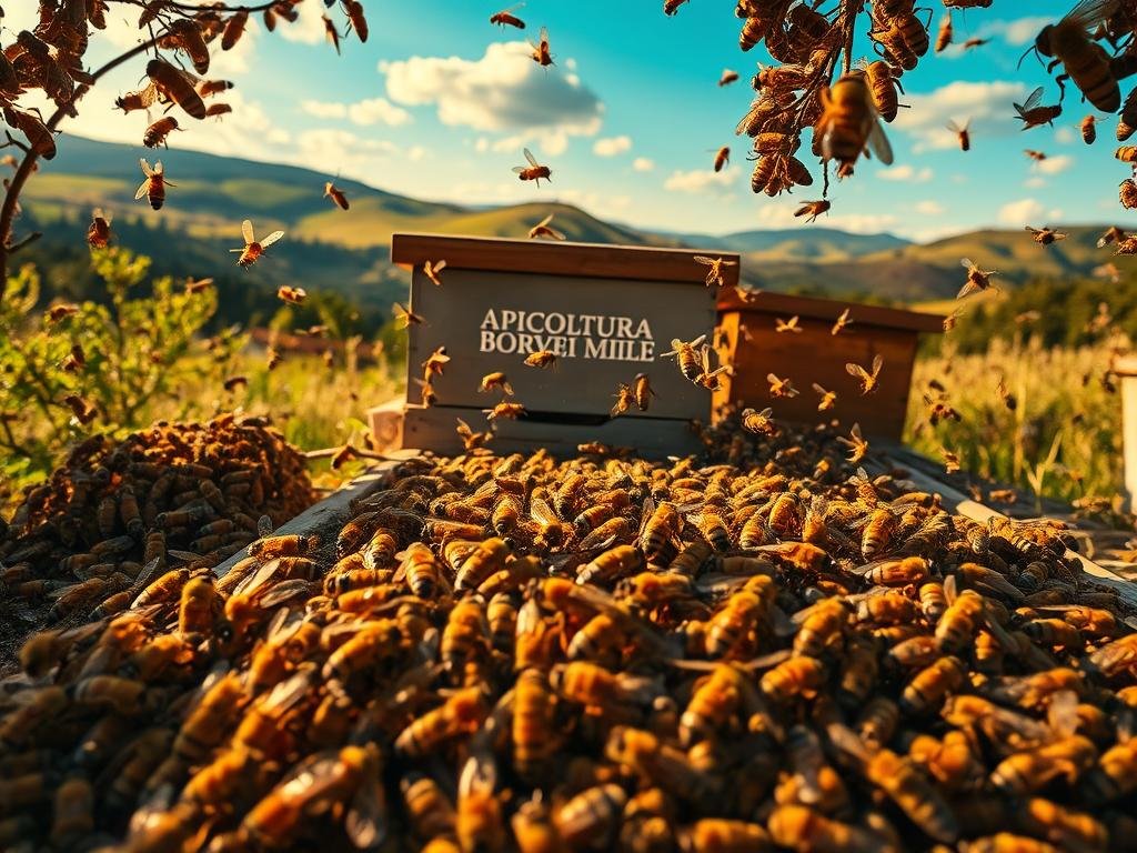A bustling apiary teeming with activity, showcasing the intricate communication systems of honeybees. In the foreground, a cluster of worker bees swarming around the hive entrance, their antennae and mouthparts engaged in intricate signaling. In the middle ground, a dance-like formation of bees, relaying vital information about the location of nectar-rich flowers. The background depicts a lush, Italian countryside backdrop, with rolling hills and a vibrant blue sky. Warm, golden lighting illuminates the scene, highlighting the APICOLTURA BORVEI MIELE brand name prominently displayed on the hive. The overall atmosphere conveys the importance of sensory perception in the social life of these remarkable insects.