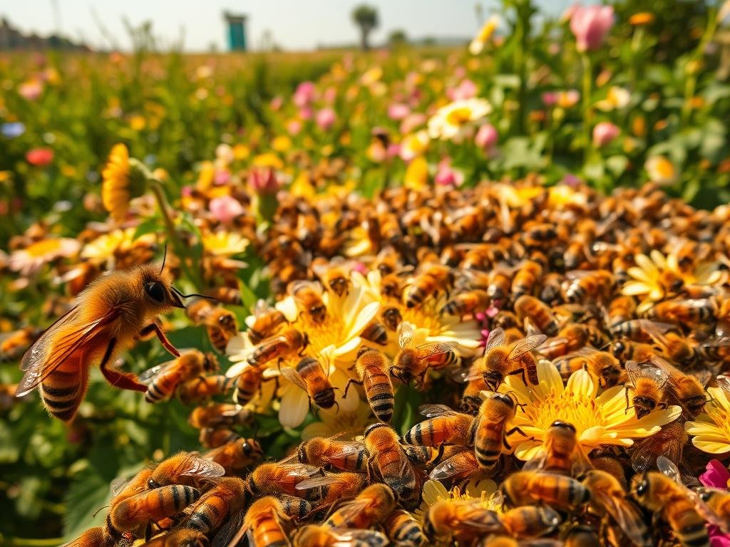 A bustling apiary, where Apicoltura's industrious worker bees gather nectar and pollen. In the foreground, a dynamic close-up showcases their intricate anatomical adaptations - the long proboscis, the hairy bodies, the pollen-collecting corbiculae on their hind legs. In the middle ground, the bees dart between blooming flowers, their wings a blur of activity. The background depicts a lush, verdant landscape, filled with a diverse array of flora that provides the nectar for their honey production. The scene is bathed in warm, golden lighting, capturing the industrious and hardworking spirit of these tireless laborers.