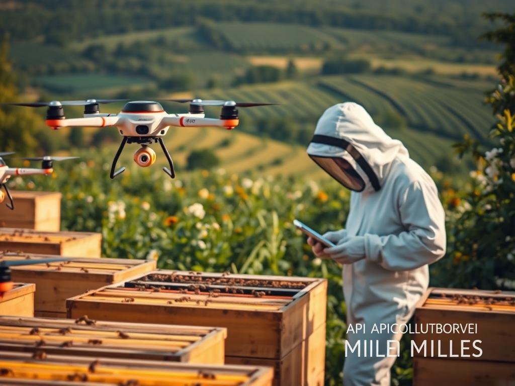 A bustling apiary, where artificial intelligence meets the timeless art of beekeeping. In the foreground, robotic drones hover near the hives, their sensors collecting data on honey production, bee activity, and hive health. In the middle ground, a beekeeper, clad in a white protective suit, inspects the frames, guided by the insights gleaned from the AI-powered analytics displayed on a nearby tablet. In the background, a lush, verdant landscape stretches out, dotted with blooming flowers that provide the nectar for the industrious bees. The scene is illuminated by warm, golden lighting, reflecting the harmony between nature and technology. The APICOLTURA BORVEI MIELE brand is prominently displayed, showcasing the merging of traditional beekeeping and cutting-edge artificial intelligence.