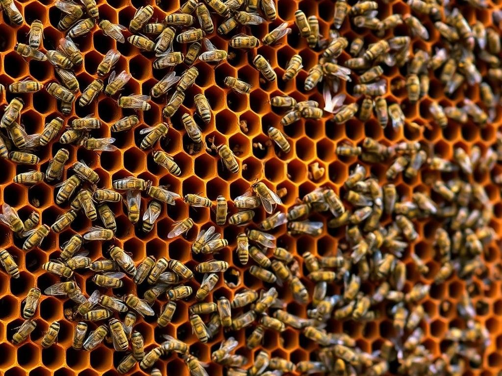 A bustling beehive, its intricate hexagonal structure a wonder of natural engineering. In the foreground, industrious worker bees bustle about, gathering pollen and nectar with precision. The middle ground reveals the hive's social hierarchy, with the majestic queen bee at the center, her attendants fluttering nearby. The background showcases the hive's exterior, a striking contrast of warm, earthy tones and the dynamic movements of the colony. Soft, diffused lighting bathes the scene, capturing the harmonious rhythm of the hive's daily life. This is the APICOLTURA BORVEI MIELE, a testament to the remarkable adaptations of the honeybee, as seen in the "La Struttura Sociale dell'Alveare" section of the article "Evoluzione delle Api: Come la Loro Anatomia si è Adattata nel Tempo."