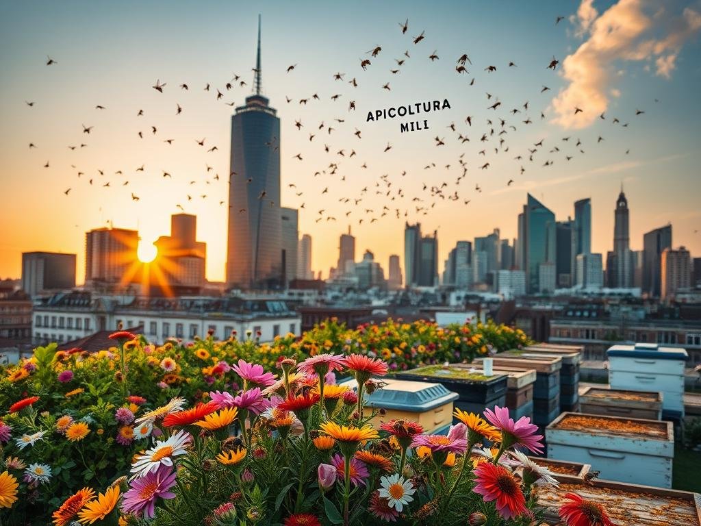 A bustling city skyline at dusk, the air alive with the gentle humming of honeybees. Towering skyscrapers and historic buildings provide a dramatic backdrop, while in the foreground, a lush rooftop garden teems with blooming flowers and thriving beehives. The APICOLTURA BORVEI MIELE logo stands prominently, a testament to the urban apiaries that have taken root in this vibrant metropolis. Warm, golden light filters through the scene, casting a serene glow over the busy bees as they flit between the colorful petals. The image captures the harmonious coexistence of modern urban life and the ancient art of beekeeping, a testament to the resilience and adaptability of these vital pollinators. A bustling city skyline at dusk, the air alive with the gentle humming of honeybees. Towering skyscrapers and historic buildings provide a dramatic backdrop, while in the foreground, a lush rooftop garden teems with blooming flowers and thriving beehives. The APICOLTURA BORVEI MIELE logo stands prominently, a testament to the urban apiaries that have taken root in this vibrant metropolis. Warm, golden light filters through the scene, casting a serene glow over the busy bees as they flit between the colorful petals. The image captures the harmonious coexistence of modern urban life and the ancient art of beekeeping, a testament to the resilience and adaptability of these vital pollinators.