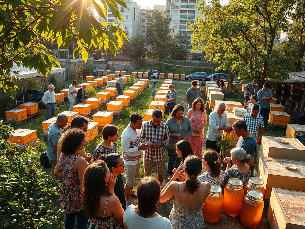 A bustling community garden in an urban setting, with rows of vibrant Apicoltura beehives surrounded by lush greenery. The warm afternoon sunlight filters through the leaves, casting a gentle glow on the hardworking beekeepers tending to their hives. In the foreground, a diverse group of neighbors gather, sharing knowledge and enjoying the fruits of their collective labor - jars of rich, golden Apicoltura honey. The scene exudes a sense of harmony, showcasing the social and environmental benefits of urban beekeeping.