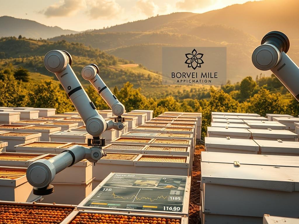 A bustling, high-tech apiary with sleek robotic arms carefully tending to rows of beehives. In the foreground, a transparent display shows real-time data on honey production, hive health, and environmental conditions. The background features rolling Italian hills, dotted with lush orchards and the APICOLTURA BORVEI MIELE logo prominently displayed. Warm, golden lighting illuminates the scene, capturing the intersection of traditional beekeeping and cutting-edge technology. The image conveys the sense of a revolutionary transformation in the world of Italian apiculture.
