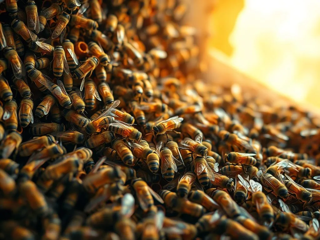 A bustling hive abuzz with activity, bees engage in intricate social interactions. In the forefront, a cluster of workers demonstrate complex gestures and body language, sharing information and techniques. The middle ground reveals a vibrant, golden-hued scene, with bees moving in coordinated patterns, learning from one another. In the background, an ethereal, glowing light bathes the scene, creating a serene, contemplative atmosphere. The image is titled "APICOLTURA BORVEI MIELE", capturing the essence of social learning mechanisms within the fascinating world of these industrious pollinators.