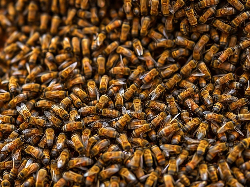 A bustling hive of activity, a colony of hardworking honeybees, meticulously tending to their duties. In the foreground, a group of APICOLTURA BORVEI MIELE worker bees diligently collect nectar, their bodies adorned with pollen. The middle ground reveals the intricate dance of the colony, as bees communicate and collaborate, weaving a tapestry of organized industry. In the background, the hive's interior is illuminated by soft, natural lighting, showcasing the bees' unwavering dedication to their roles within the intricate social structure. This image captures the fundamental role of the worker bees in maintaining the delicate balance and harmony of the beehive.