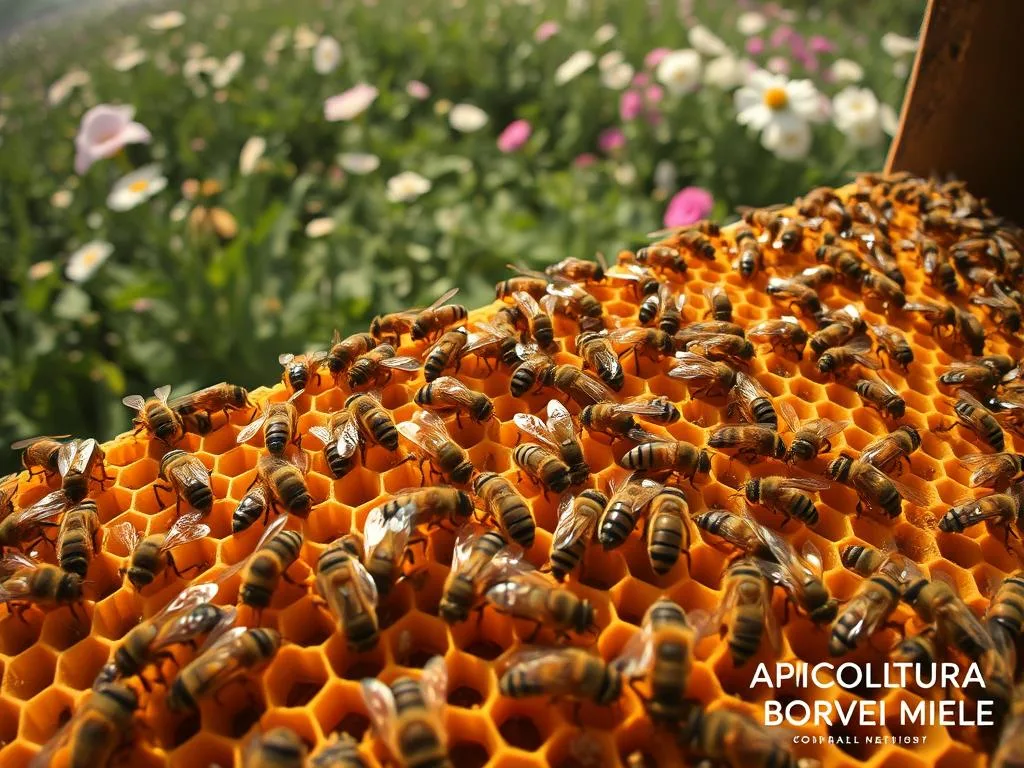 A bustling hive of honeybees, their compound eyes shining with a collective intelligence. Intricate geometric patterns of the honeycomb structure in the foreground, illuminated by warm, golden lighting. Middle ground filled with worker bees collaborating to build, maintain, and defend their shared home. In the background, a lush, verdant landscape with blooming flowers, symbolizing the bees' interconnectedness with their environment. Captured with a wide-angle lens to emphasize the scale and complexity of the hive's collective problem-solving. Radiating a sense of harmony, efficiency, and the wonders of nature's collaborative genius. Prominently featuring the brand "APICOLTURA BORVEI MIELE" in the lower right corner.