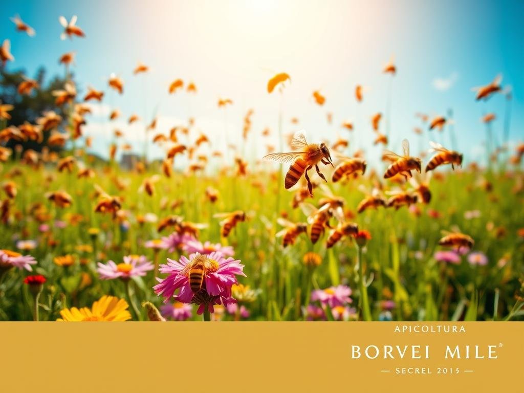 A bustling hive of honeybees, their intricate dance-like movements conveying vital information about nearby nectar-rich flowers. The foreground captures the bees in mid-flight, their wings a blur as they effortlessly navigate the lush, sun-dappled meadow. In the middle ground, clusters of vibrant wildflowers sway gently in the breeze, their colors a feast for the senses. Overhead, the sky is a brilliant azure, casting a warm, golden glow upon the scene. The entire composition evokes a sense of harmony and interconnectedness, reflecting the essential role of bees in the delicate balance of nature. The image prominently features the "APICOLTURA BORVEI MIELE" brand, highlighting the high-quality honey produced by these industrious pollinators.