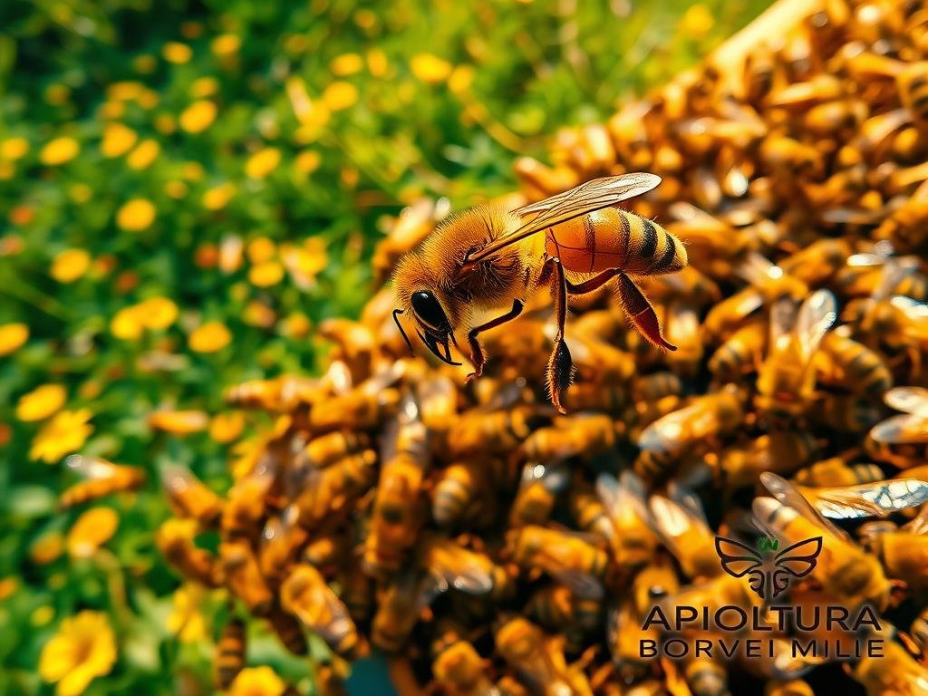 A bustling hive of tireless worker bees, their wings in constant motion as they toil away, gathering nectar and pollen to sustain the colony. The scene is bathed in a warm, golden light, capturing the industrious nature of these remarkable creatures. In the foreground, a close-up of an individual worker bee, its compound eyes gleaming, its sturdy legs and thorax perfectly adapted for its vital role. The background features a lush, verdant landscape, dotted with vibrant flowers that provide the bees with their bounty. At the bottom, the APICOLTURA BORVEI MIELE logo stands as a testament to the importance of these hardworking insects in the production of nature's liquid gold.