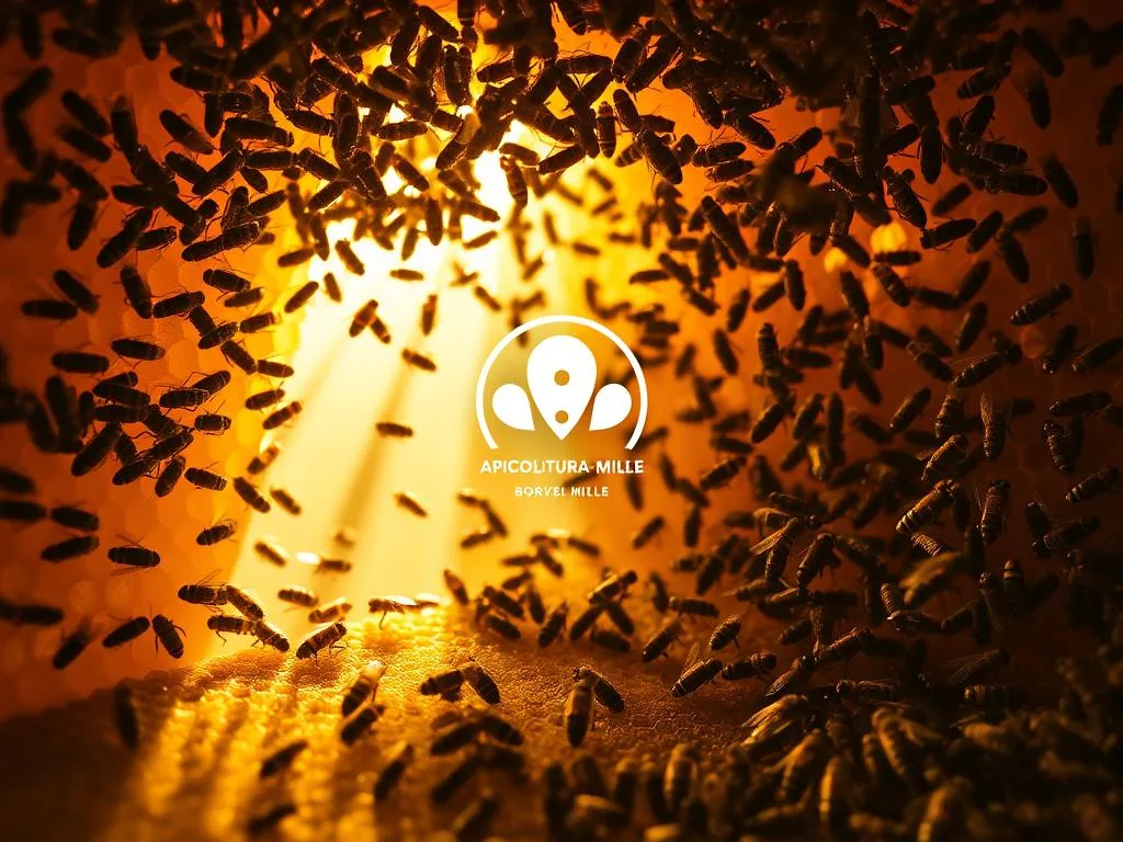 A bustling honeycomb interior, bathed in golden light and buzzing with industrious apis. Rows of wax-filled cells line the walls, as worker bees meticulously tend to their duties. In the center, the APICOLTURA BORVEI MIELE hive logo stands prominent, a symbol of the colony's unity and purpose. Beams of sunlight filter through the hive's entrance, illuminating the intricate dance of the apis as they flit between flowers and their home. The air is thick with the sweet scent of nectar and the gentle hum of collective industry, reflecting the seamless organization of this remarkable social structure.