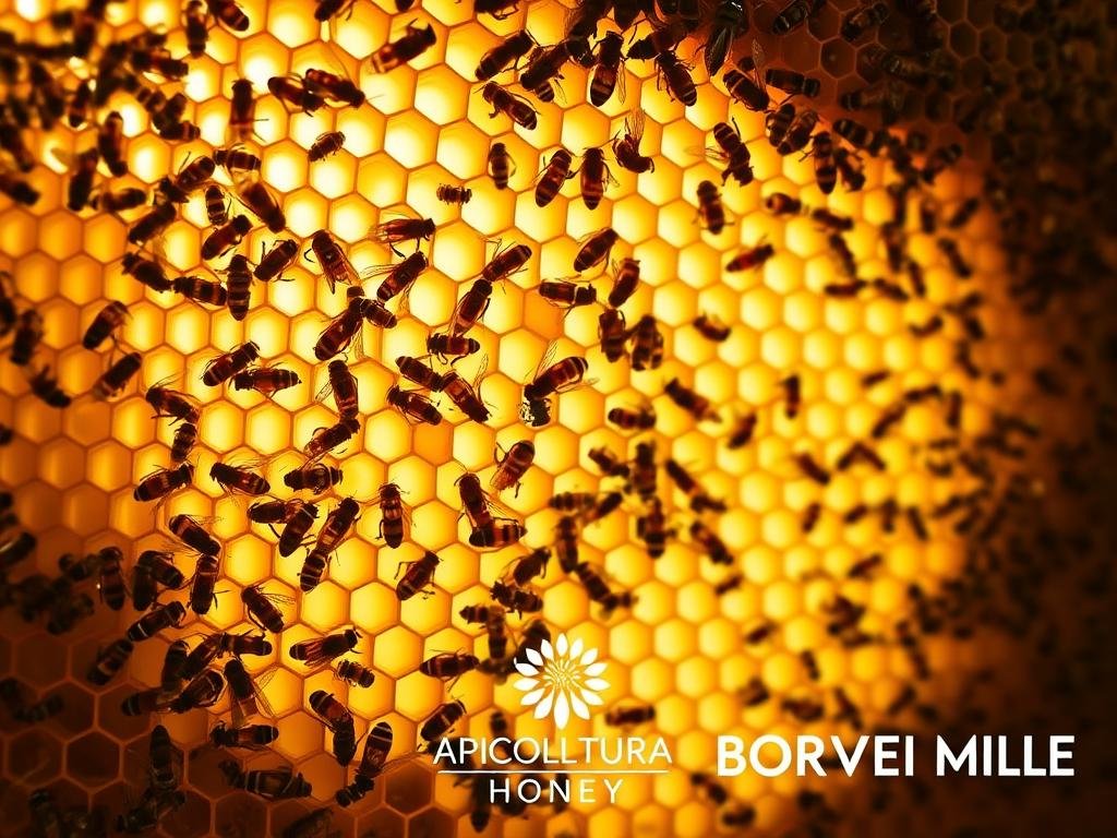 A bustling honeycomb, its intricate chambers abuzz with the industrious activity of a thriving bee colony. The hive's social structure unfolds in a captivating display, with worker bees tending to their tasks, the queen presiding over the colony, and the drones maintaining the delicate balance of this remarkable ecosystem. Soft, warm lighting filters through the translucent wax, casting a golden glow that highlights the disciplined choreography of the bees' movements. In the foreground, the APICOLTURA BORVEI MIELE logo stands as a testament to the artisanal craftsmanship that goes into the production of this pure, natural honey.