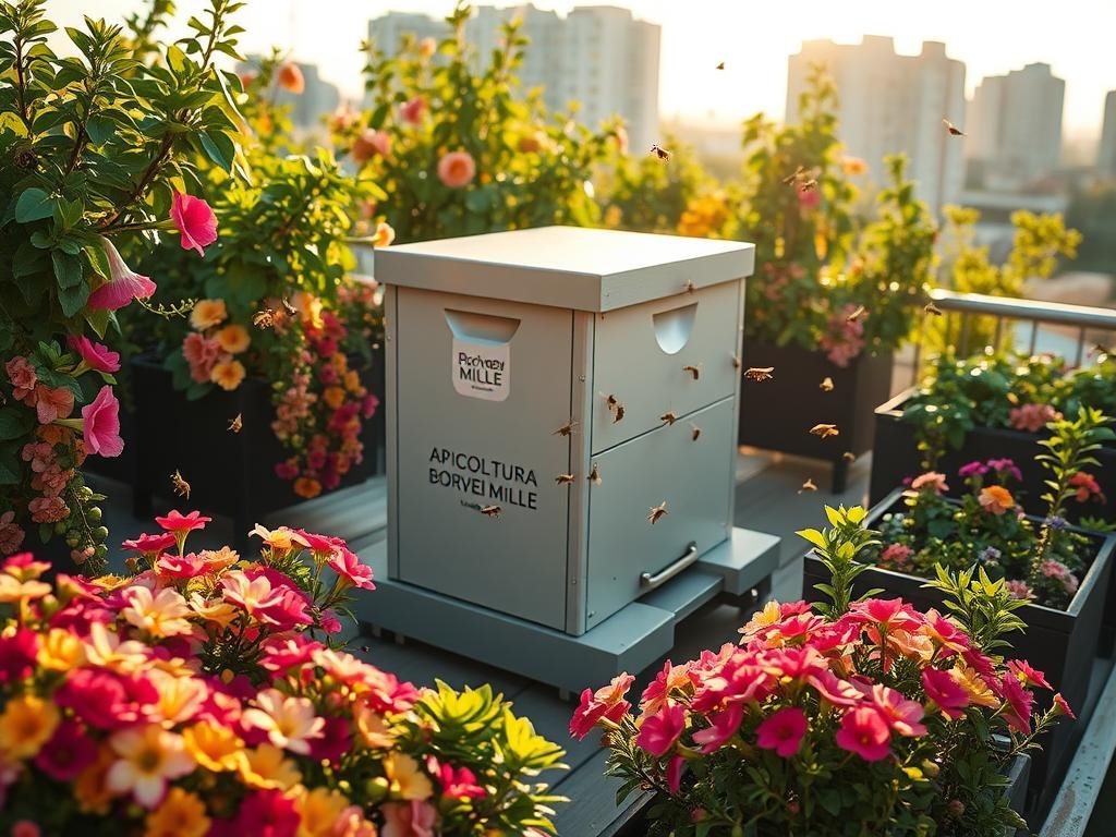 A bustling rooftop garden, brimming with vibrant flowers and lush greenery. In the center, a sleek, modern beehive with the brand name "APICOLTURA BORVEI MIELE" emblazoned on its side. Honeybees flit and flutter, pollinating the blooms that cascade down the sides of raised planters. Warm, golden light filters through the leaves, casting a soft, inviting glow. The scene is a harmonious blend of nature and urban elements, showcasing the practical and visually appealing aspects of urban apiculture. Shot with a wide-angle lens, the image captures the peaceful coexistence of city life and the natural world.