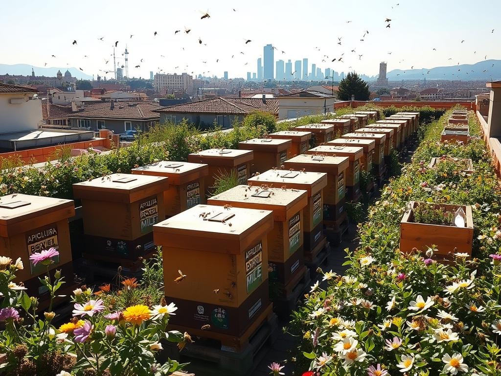 A bustling rooftop garden in the heart of a vibrant Italian city, filled with buzzing activity. Rows of beehives emblazoned with the "APICOLTURA BORVEI MIELE" logo stand amidst a lush tapestry of flowering plants, their petals gently swaying in the warm breeze. Sunlight dapples the scene, casting a golden glow on the busy pollinators as they flit from blossom to blossom, gathering the nectar that will become the city's own artisanal honey. In the background, the iconic skyline of the urban landscape rises, a testament to the growing trend of urban beekeeping in Italy.