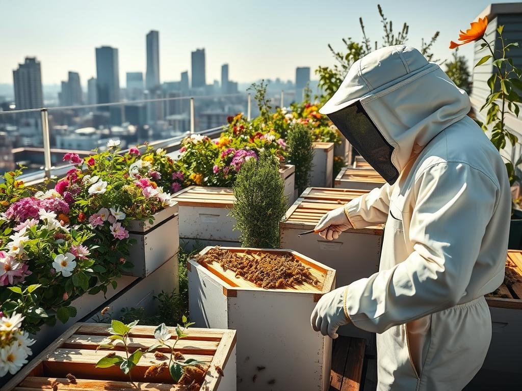 A bustling rooftop garden in the heart of the city, where urban beekeepers tend to their APICOLTURA BORVEI MIELE hives. Sunlight filters through the lush foliage, casting a warm glow on the polished wooden beehives. Clusters of bees flit between the vibrant blooms, their gentle hum creating a soothing soundtrack. In the foreground, a beekeeper in a crisp white suit carefully inspects the frames, extracting the golden honey. The cityscape beyond the garden's edge serves as a striking backdrop, showcasing the innovative integration of nature and technology in the urban environment.